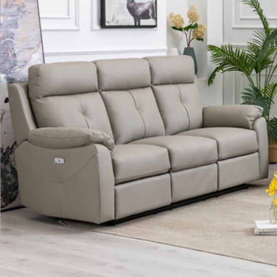 Manila Electric Leather Recliner 3 Seater Sofa In Moon