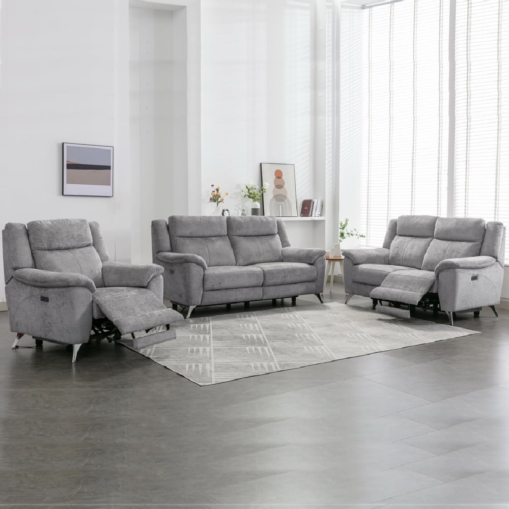 Mankato Fabric Electric Recliner Sofa Suite In Ash
