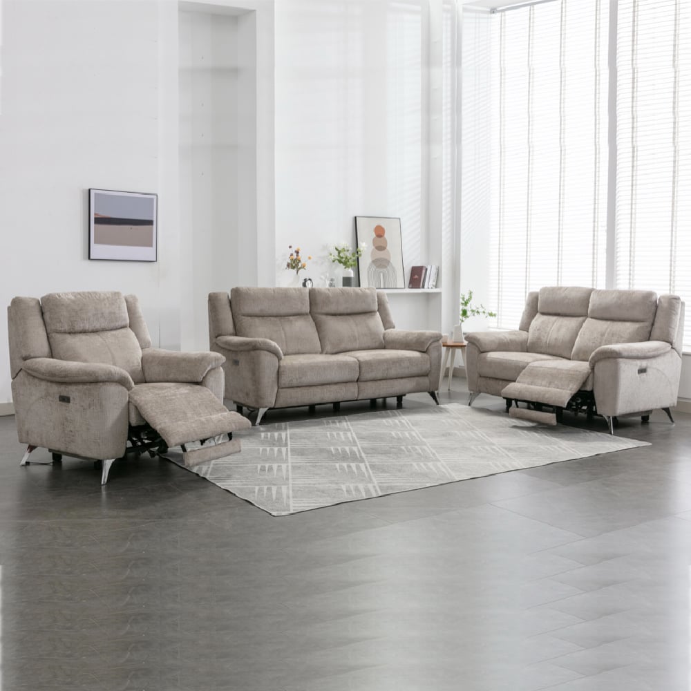 Mankato Fabric Electric Recliner Sofa Suite In Fossil