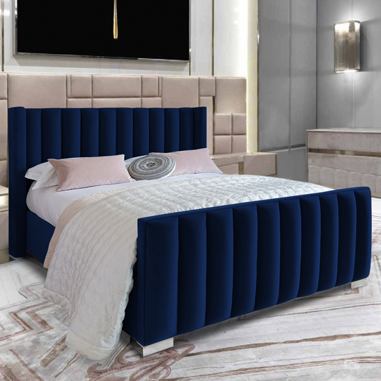 Photo of Mansfield plush velvet upholstered king size bed in blue