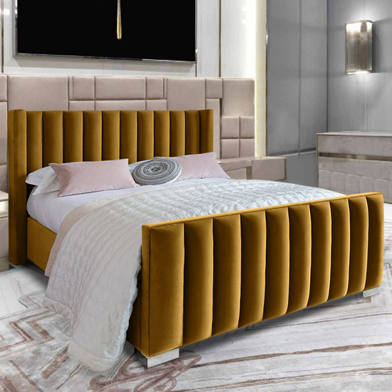Photo of Mansfield plush velvet upholstered small double bed in mustard