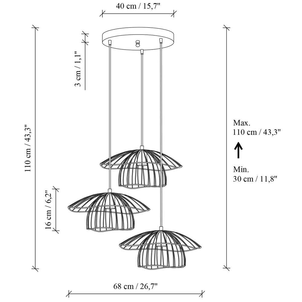 Mantar Small 3 Light Metal Ceiling Pendant Light in Gold