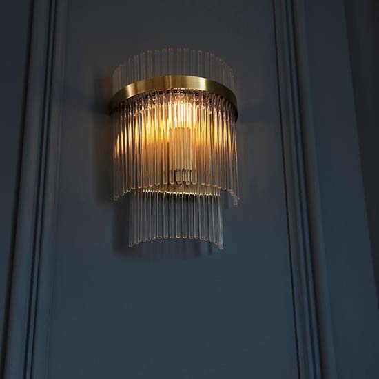 Manteo Clear Glass Rods Wall Light In Antique Brass