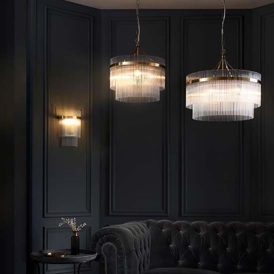 Manteo Clear Glass Rods Wall Light In Antique Brass