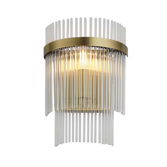 Manteo Clear Glass Rods Wall Light In Antique Brass