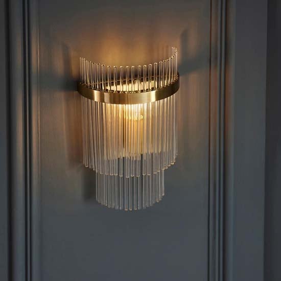 Product photograph of Manteo Clear Glass Rods Wall Light In Antique Brass from Furniture in Fashion