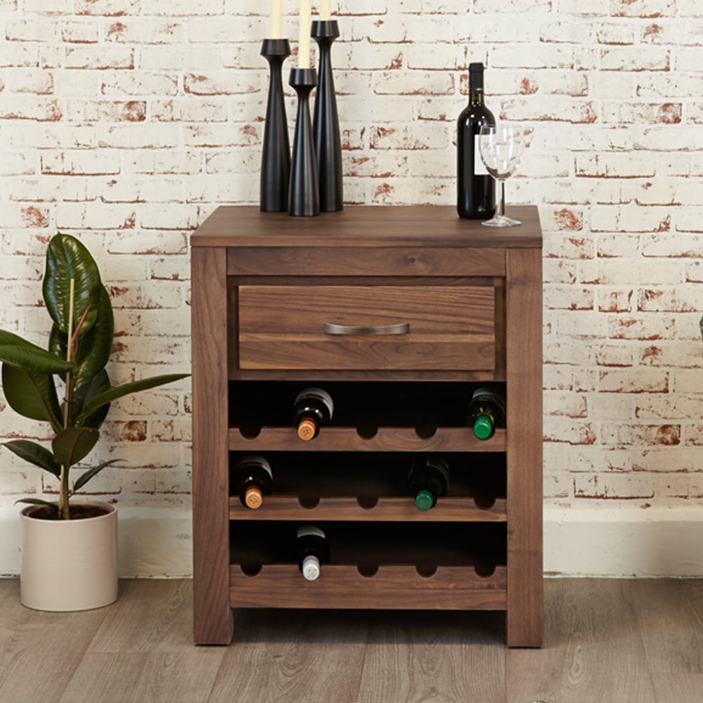 Manteo Wooden Lamp Table With Wine Rack In Walnut