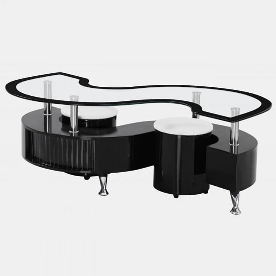 Mantis Glass Coffee Table In Black High Gloss With 2 Stools