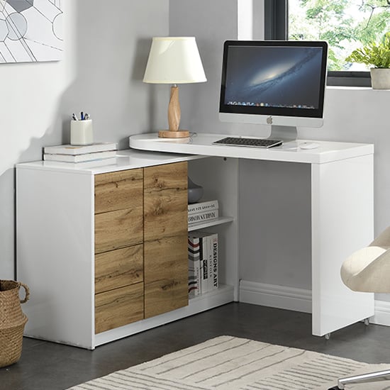 Product photograph of Mantua Wooden Swivelling Computer Desk In White And Oak from Furniture in Fashion