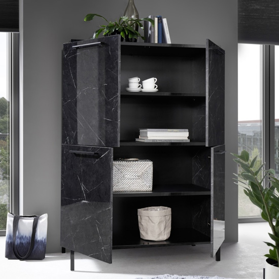 Manvos Wooden Highboard In Black High Gloss Marble Effect_2