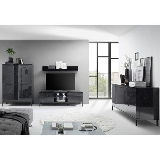 Manvos Wooden Highboard In Black High Gloss Marble Effect_3