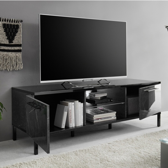 Manvos Wooden TV Stand In Black High Gloss Marble Effect_2
