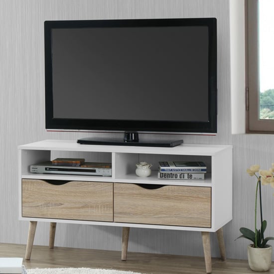 Appleton Small Wooden TV Stand In White And Oak Effect