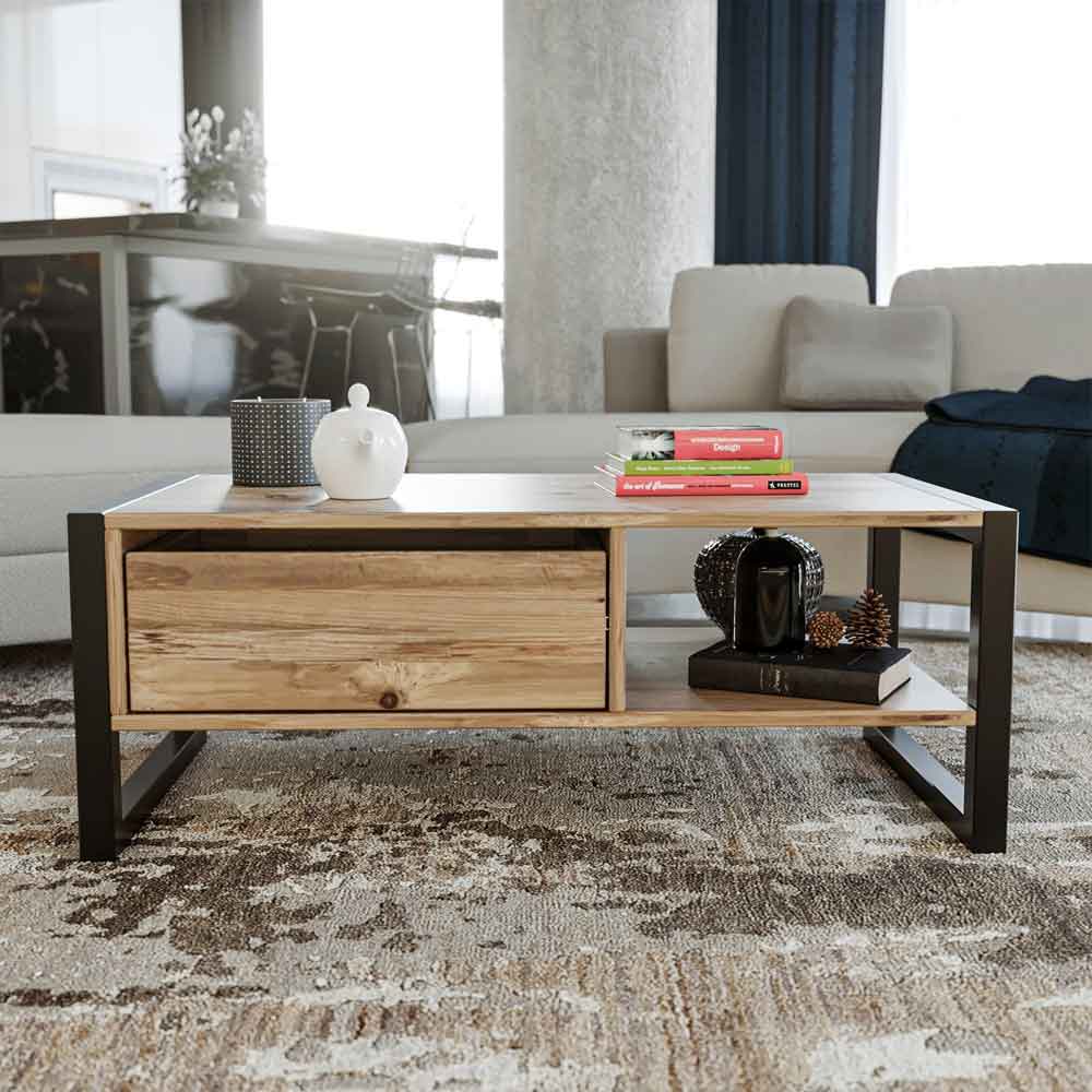 Marbella Wooden Coffee Table with 1 Drawer in Atlantic Pine and Black