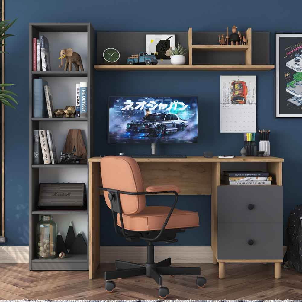 Marbella Wooden Computer Desk with Bookcase 2 Drawers in Anthracite Walnut