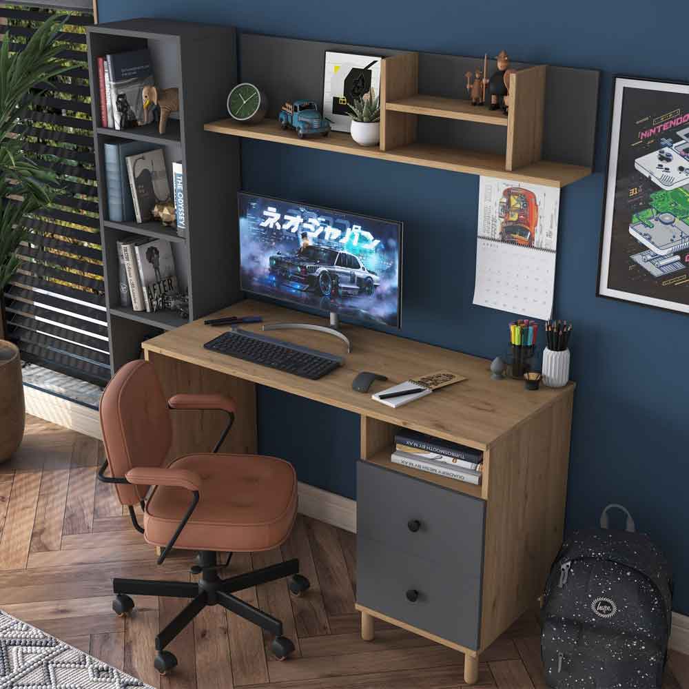 Marbella Wooden Computer Desk with Bookcase 2 Drawers in Anthracite Walnut