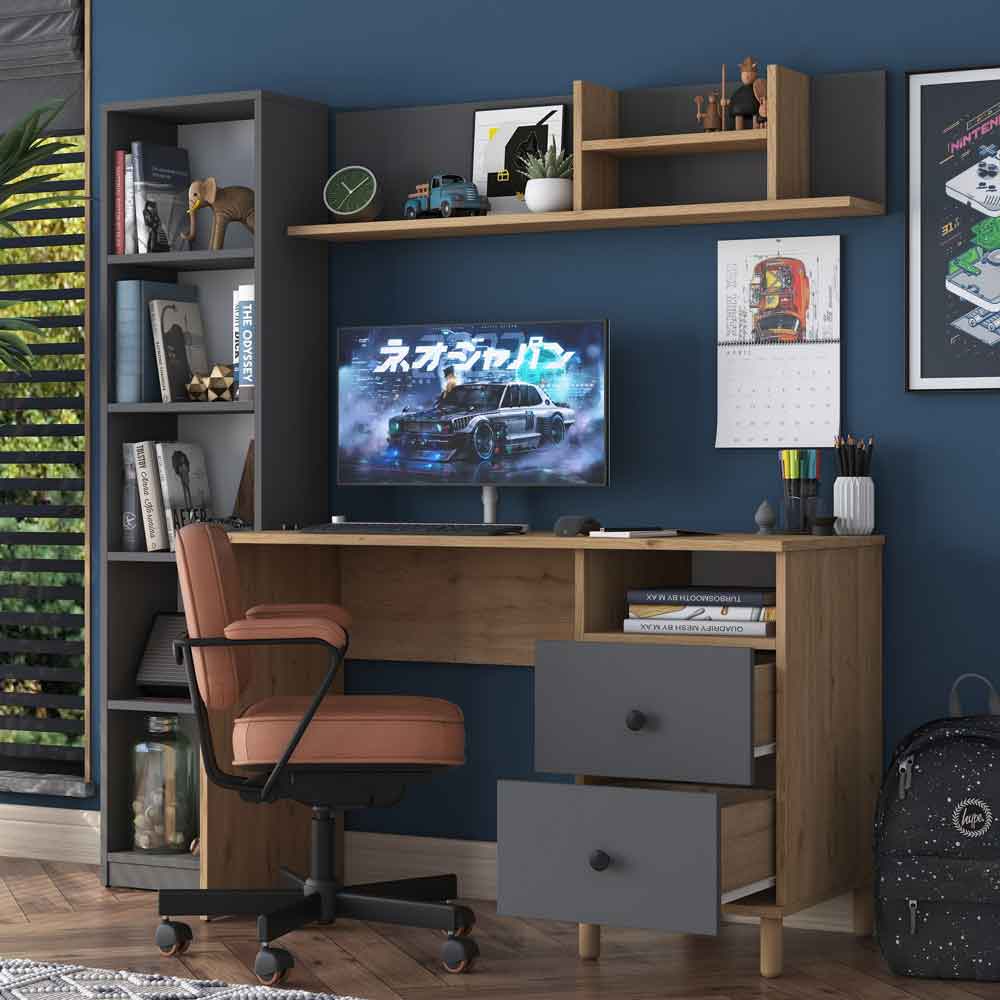 Marbella Wooden Computer Desk with Bookcase 2 Drawers in Anthracite Walnut