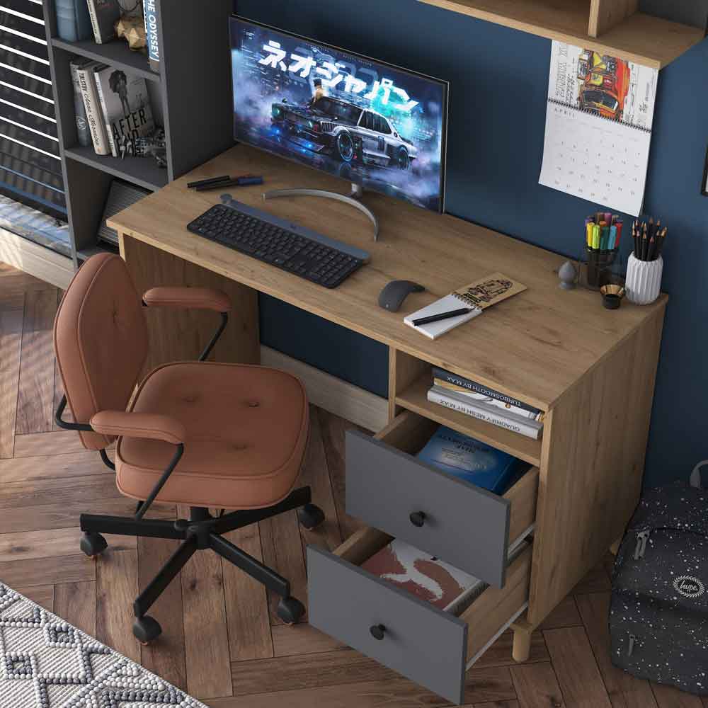 Marbella Wooden Computer Desk with Bookcase 2 Drawers in Anthracite Walnut