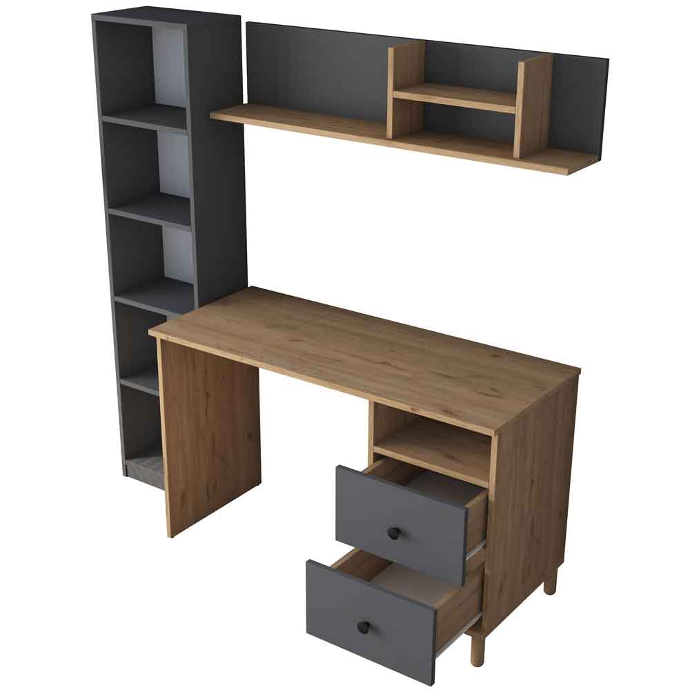 Marbella Wooden Computer Desk with Bookcase 2 Drawers in Anthracite Walnut