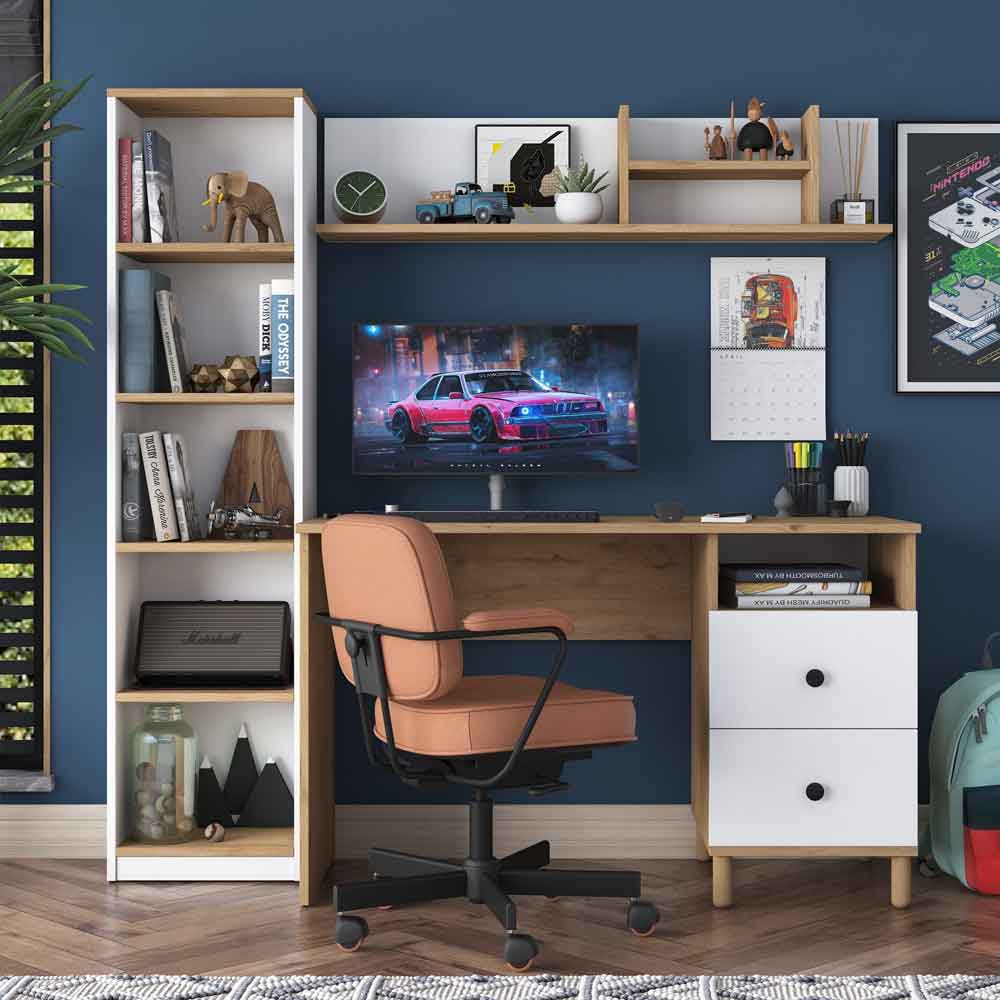 Marbella Wooden Computer Desk with Bookcase 2 Drawers in White and Walnut