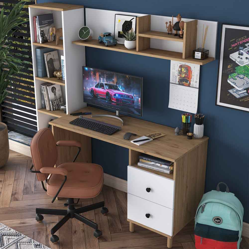Marbella Wooden Computer Desk with Bookcase 2 Drawers in White and Walnut
