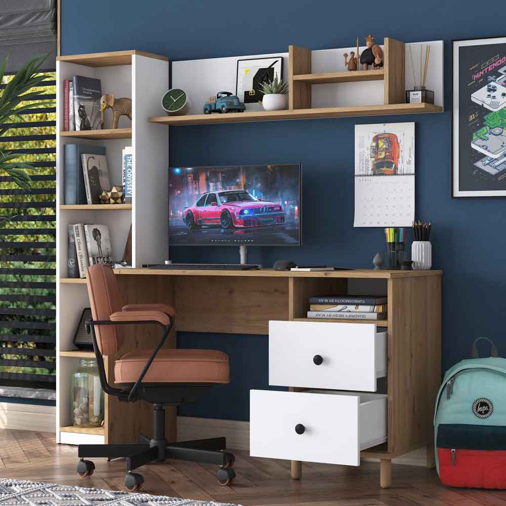 Marbella Wooden Computer Desk with Bookcase 2 Drawers in White and Walnut