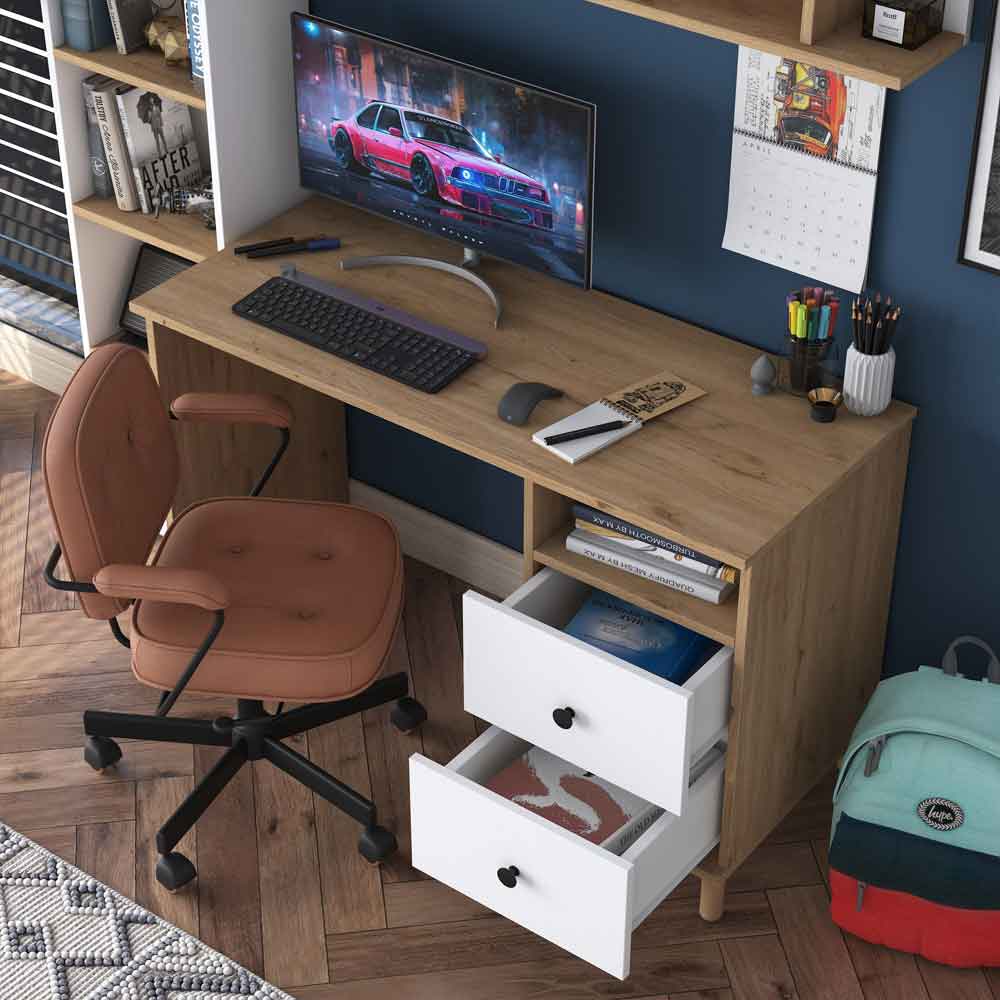 Marbella Wooden Computer Desk with Bookcase 2 Drawers in White and Walnut