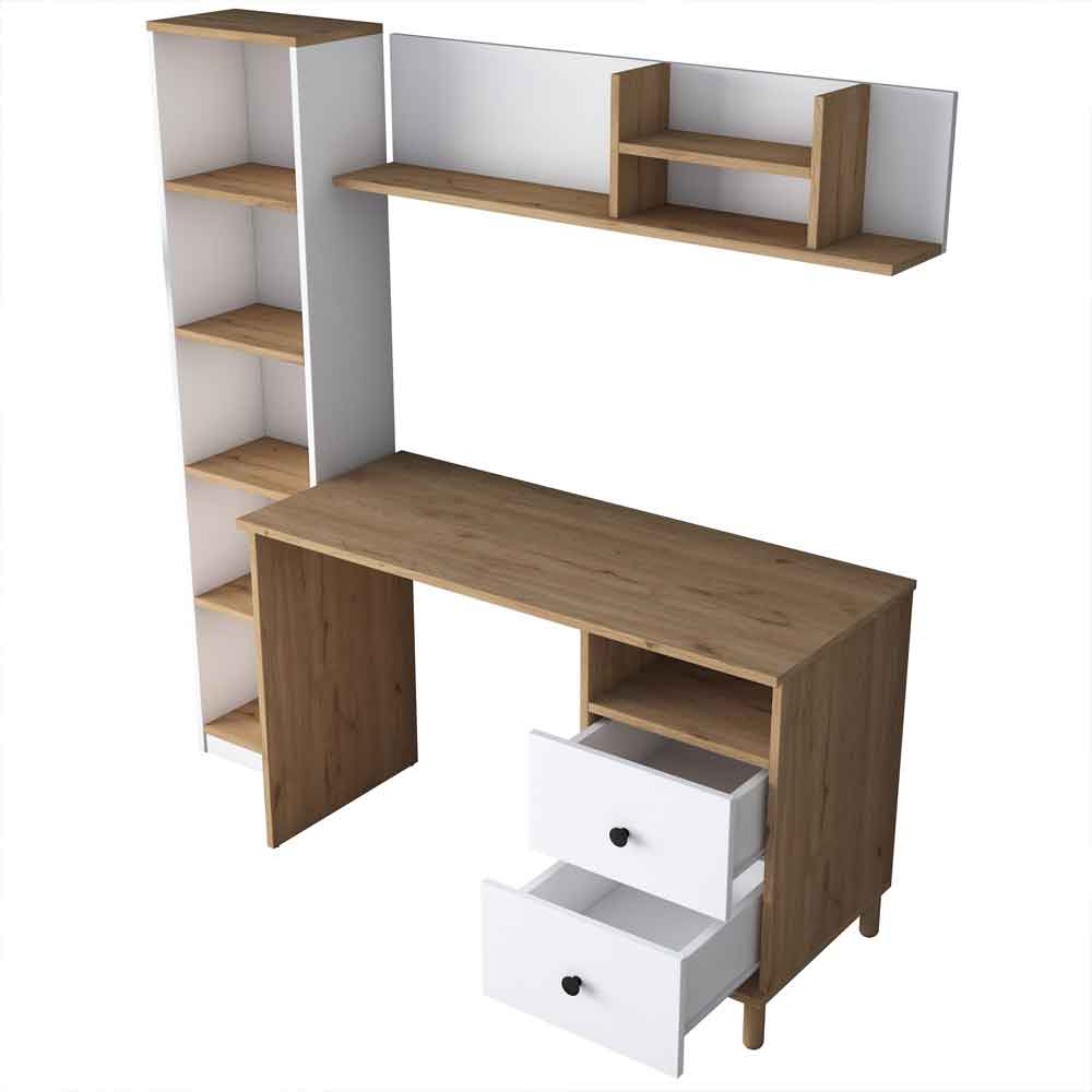 Marbella Wooden Computer Desk with Bookcase 2 Drawers in White and Walnut