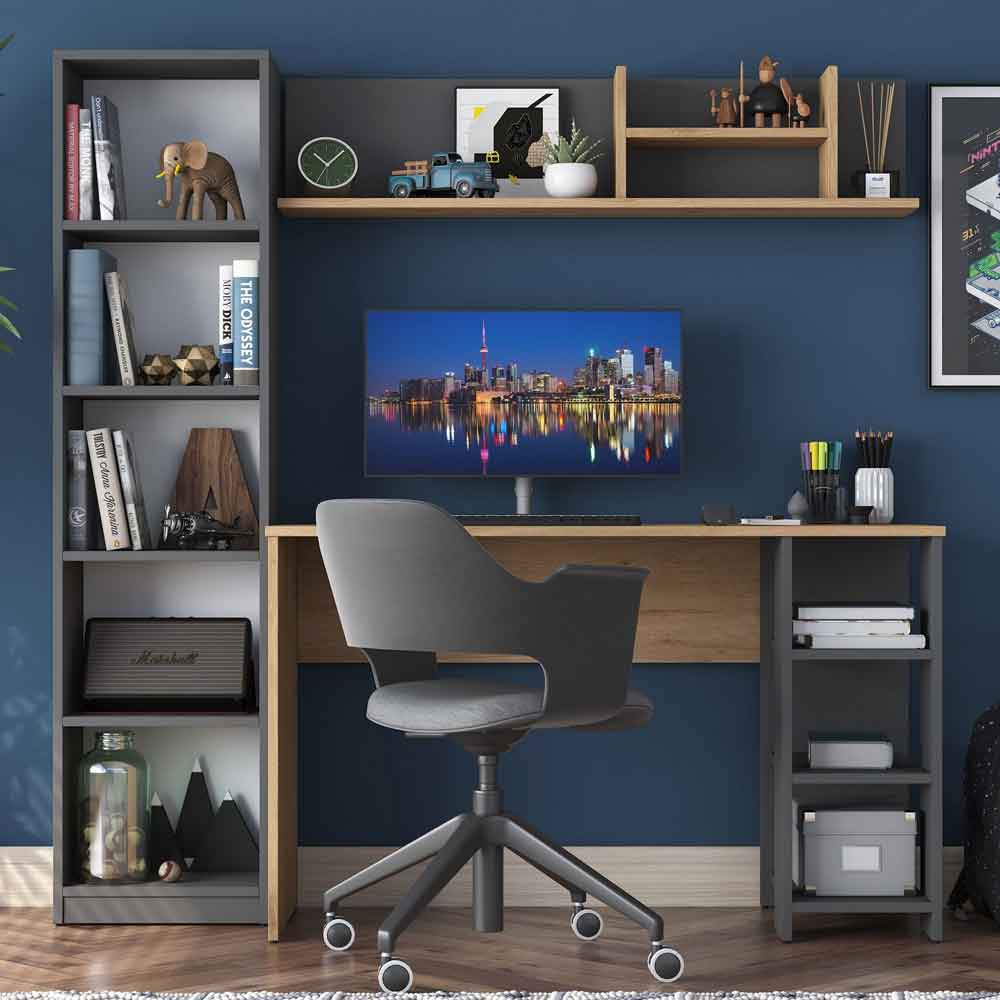 Marbella Wooden Computer Desk with Bookcase and Shelves in Anthracite Walnut