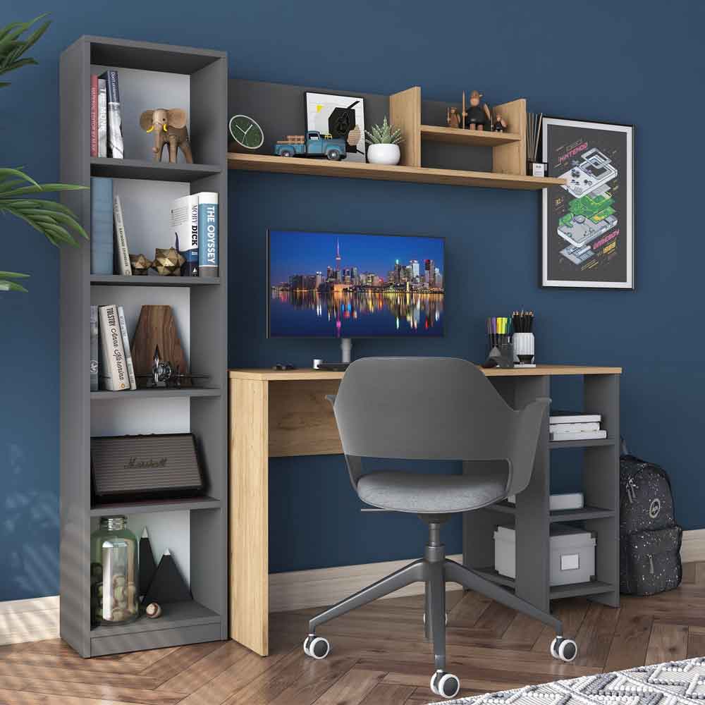 Marbella Wooden Computer Desk with Bookcase and Shelves in Anthracite Walnut