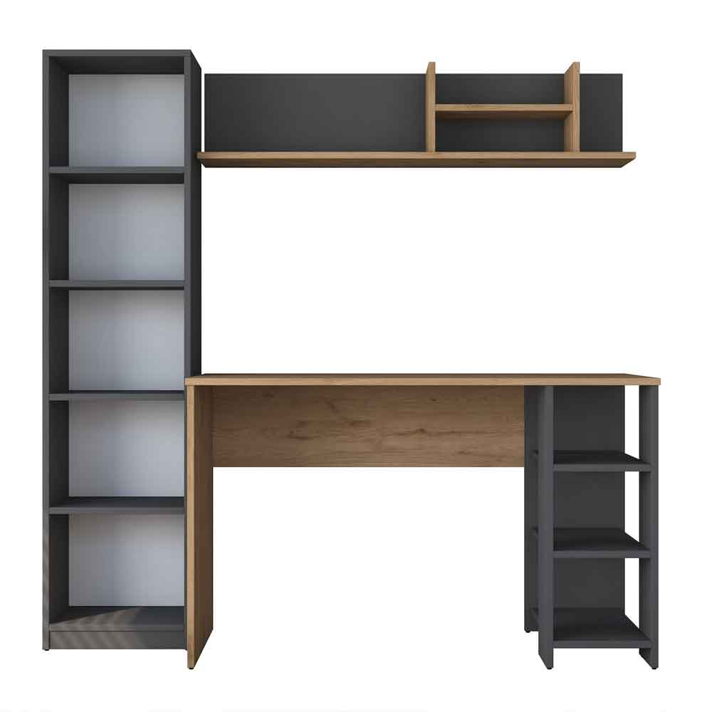 Marbella Wooden Computer Desk with Bookcase and Shelves in Anthracite Walnut