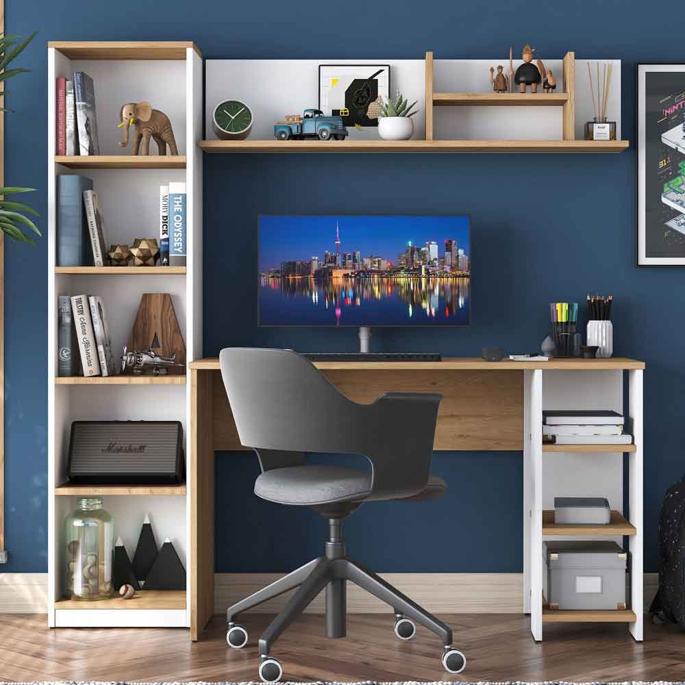Marbella Wooden Computer Desk with Bookcase and Shelves in White Walnut