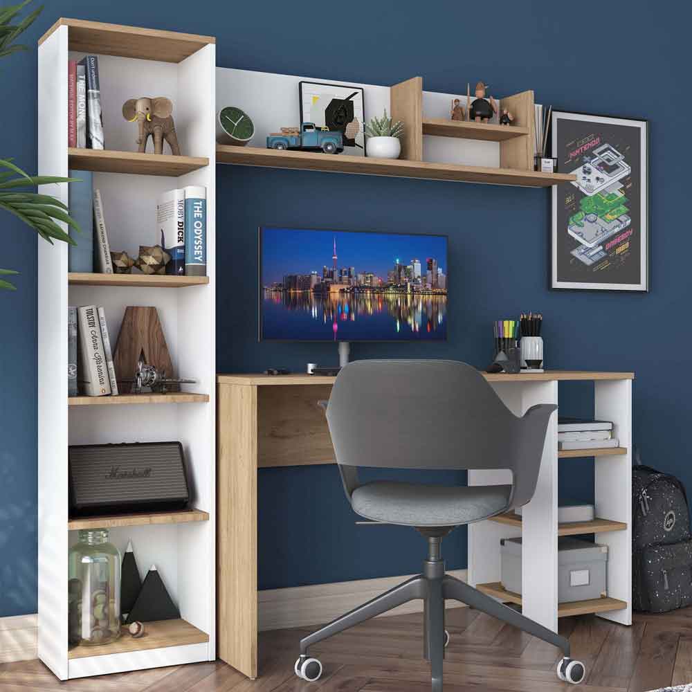 Marbella Wooden Computer Desk with Bookcase and Shelves in White Walnut