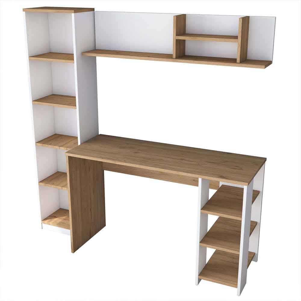 Marbella Wooden Computer Desk with Bookcase and Shelves in White Walnut