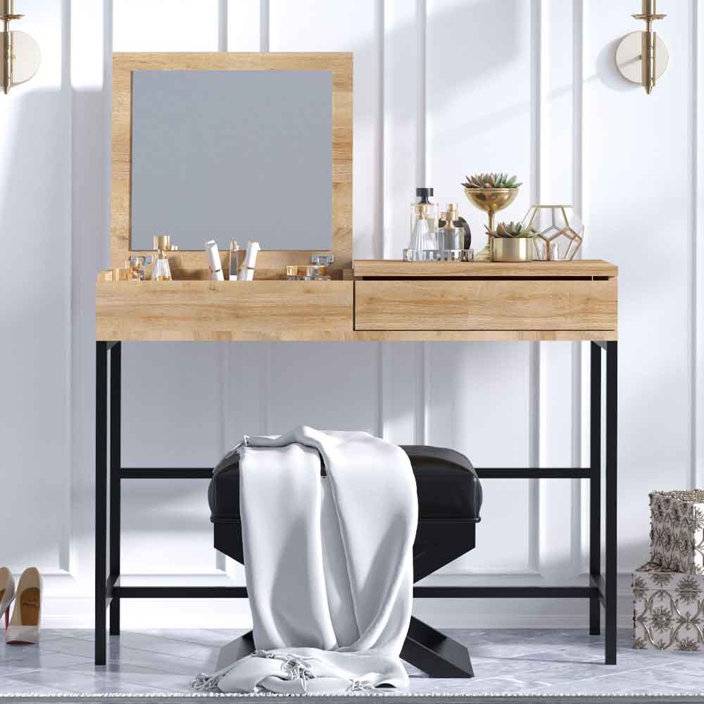 Marbella Wooden Dressing Table with Mirror and Metal Frame in Oak