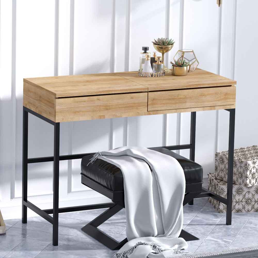 Marbella Wooden Dressing Table with Mirror and Metal Frame in Oak