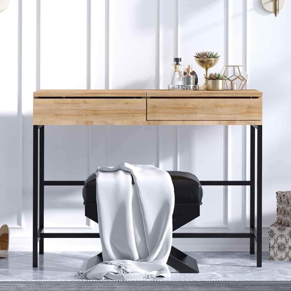 Marbella Wooden Dressing Table with Mirror and Metal Frame in Oak