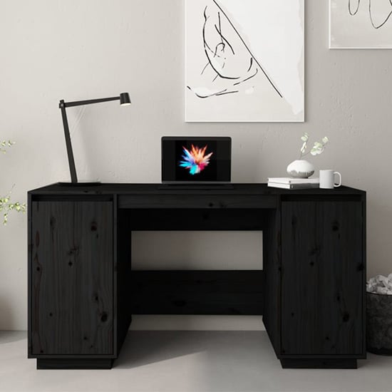 Photo of Marcel solid pine wood laptop desk with 2 door in black