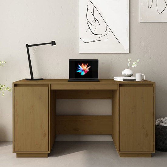 Product photograph of Marcel Solid Pine Wood Laptop Desk With 2 Door In Honey Brown from Furniture in Fashion