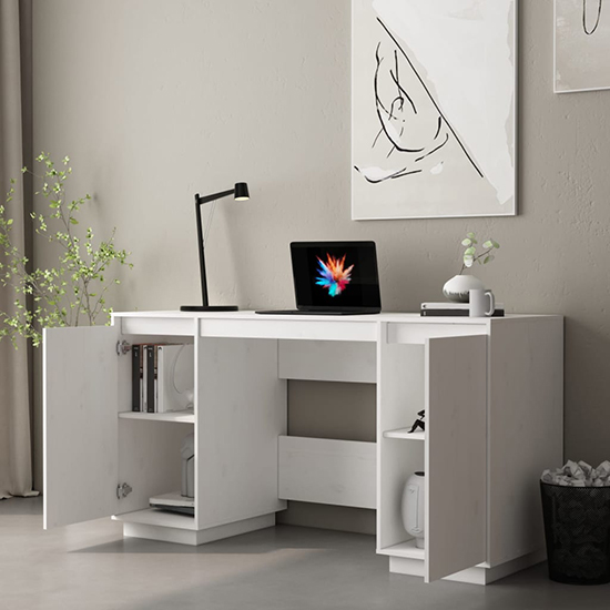 Marcel Solid Pine Wood Laptop Desk With 2 Door In White