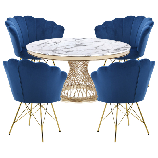 Marcelo White Marble Dining Set With 4 Green Milo Chairs FiF