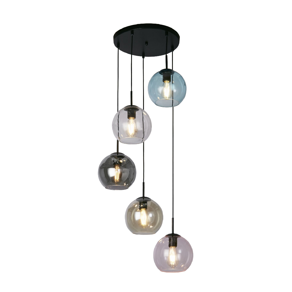 Read more about Mardi 5 light coloured glass pendant light in matt black