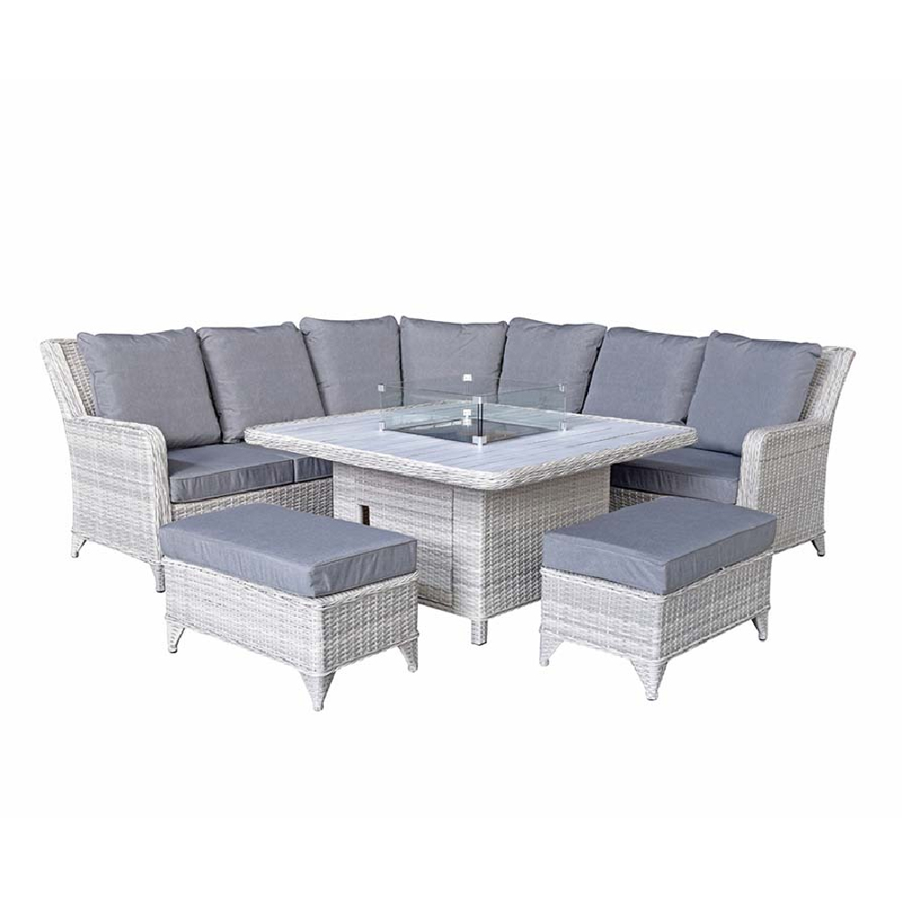 Maree Rattan Garden Corner Dining  Set With Firepit In Grey