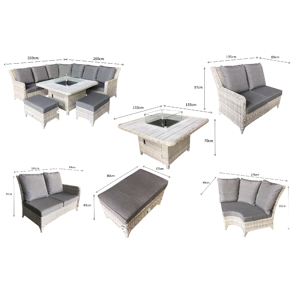 Maree Rattan Garden Corner Dining  Set With Firepit In Grey