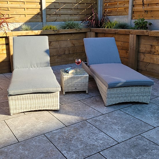 Read more about Maree sunlounger set with drinks table in creamy grey