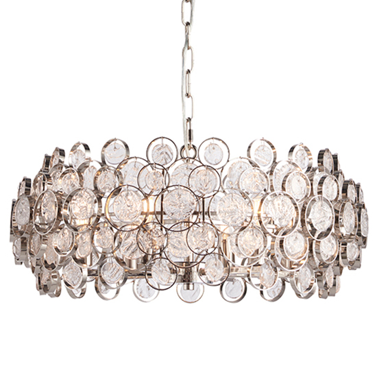 Product photograph of Marella 6 Light Glass Medallions Pendant Light In Bright Nickel from Furniture in Fashion