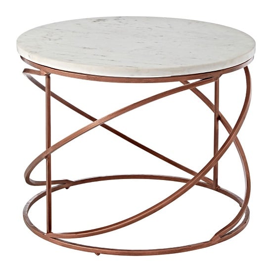 Photo of Maren round white marble top coffee table with copper base