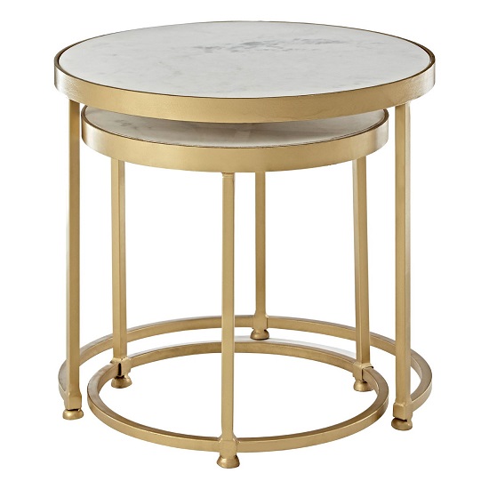Maren Round White Marble Top Nest Of 2 Tables With Gold Frame