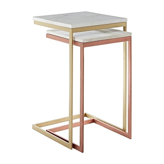 Read more about Maren square white marble top nest of 2 tables with iron frame