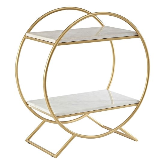 Product photograph of Maren White Marble Shelves Drinks Trolley With Gold Frame from Furniture in Fashion